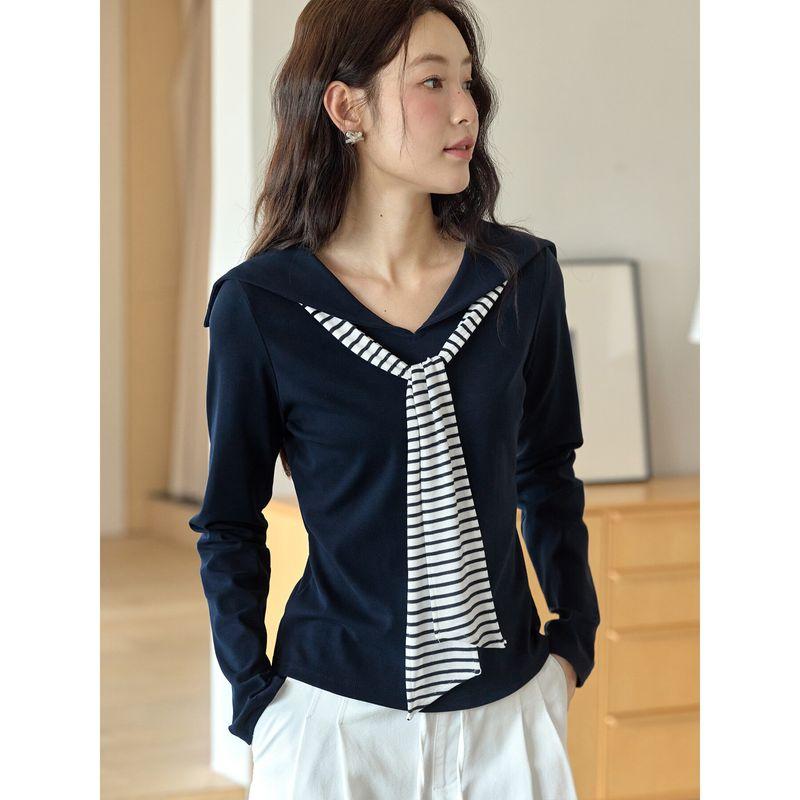 

Ai Qiangwei Plus-Size Navy Collar Long-Sleeve T-Shirt for Women, 2026 New Spring Style, Striped Ribbon Top for Women Dark Blue XL