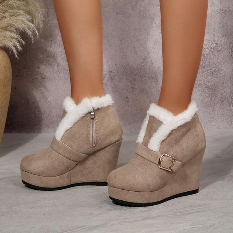Stivali Invernali da Donna Moda Piattaforma Tacco a Zeppa Stivaletti Camoscio Sintetico Imbottiti Caldi Scarpe a Suola Spessa