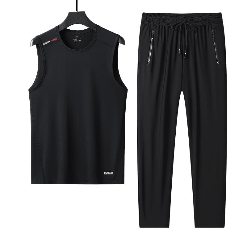 Large Size Ice Silk Vest Suit Men's Light And Breathable Sports Suit Men's Casual Ice-sense T-shirt Ice Silk Pants Men's Two-piece Set