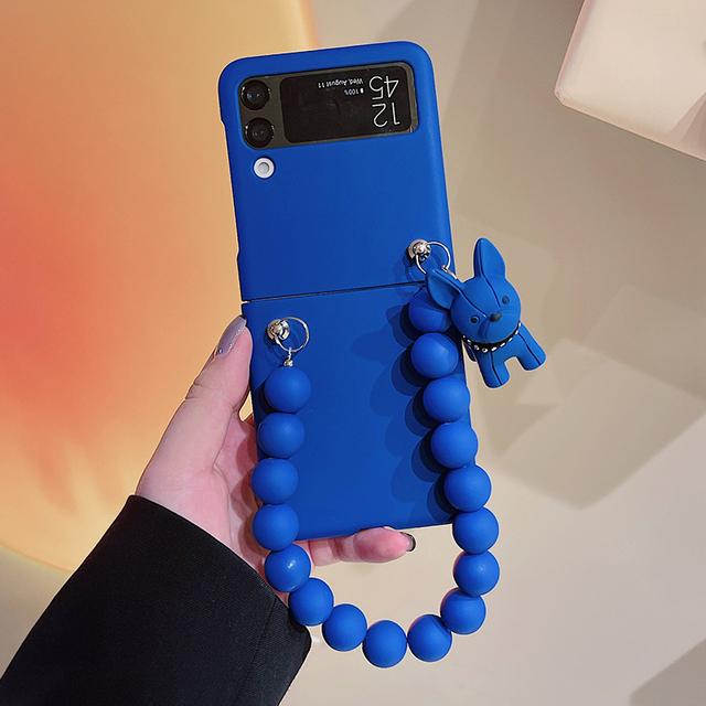 

Милый чехол для телефона с 3d мультяшной собакой для Samsung Galaxy Z Flip 3 5g, корейский однотонный браслет с бусинами, полная защита For Samsung Z Flip 3 синий