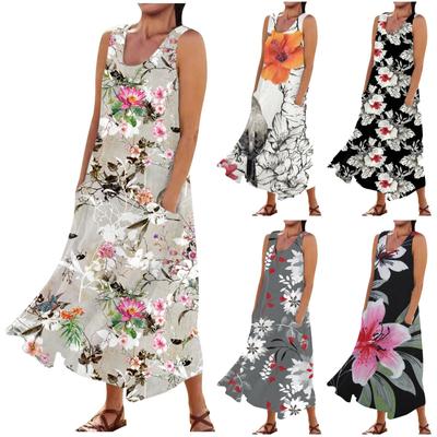 Women's Casual Comfortable Floral Print Sleeveless Cotton Pocket Dress