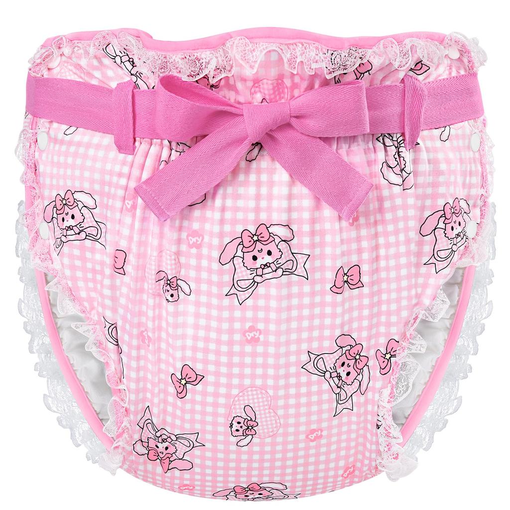 [LittleForBig] Adult Cloth Diaper Cover [Rabbit and Ribbon] Adjustable Waist 3-Layer Breathable, Waterproof, Leak-Proof Machine Washable Pink L