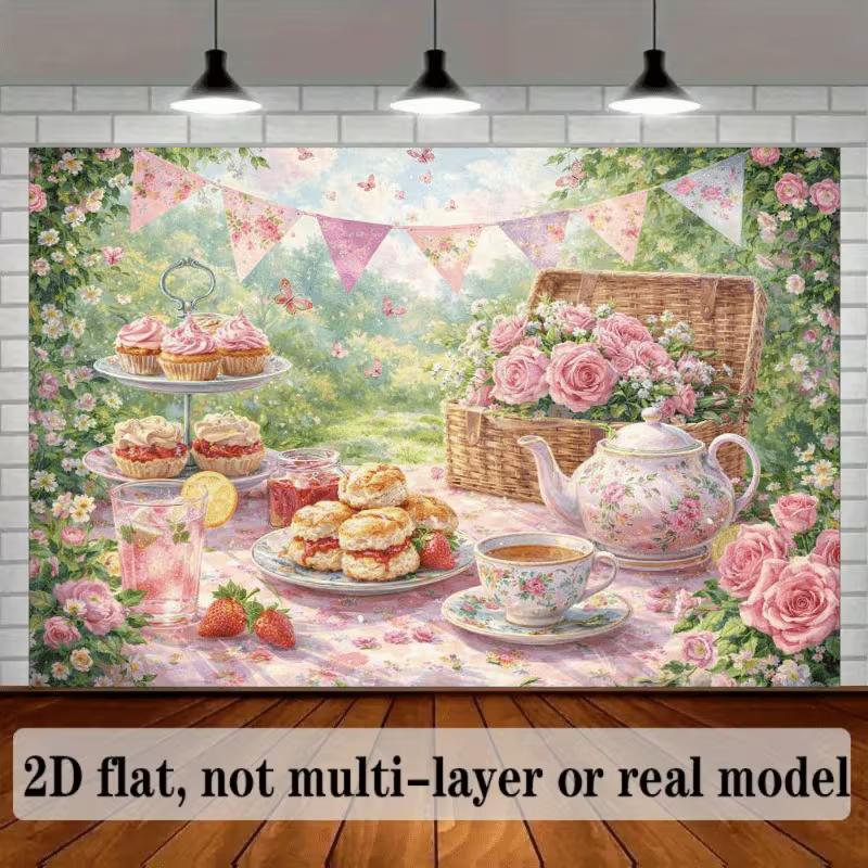 2D Afternoon Tea Party Backdrop Floral Teapot Photo Booth Background