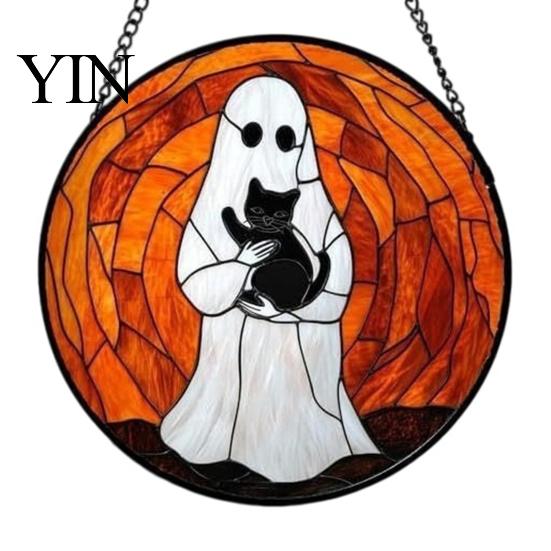 Christmas Gothic Theme Ornament Retro Halloween Pendant, Ghost/Bat/Spider Web/Pumpkin Head Print, Hand Painted Ghost Disc Vintage Acrylic Hanging for