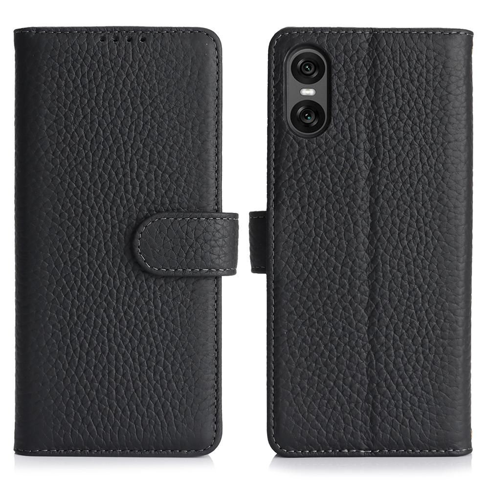 For Sony Xperia 10 VI Stand Case Litchi Texture Genuine Cow Leather Wallet Phone Cover RFID Blocking