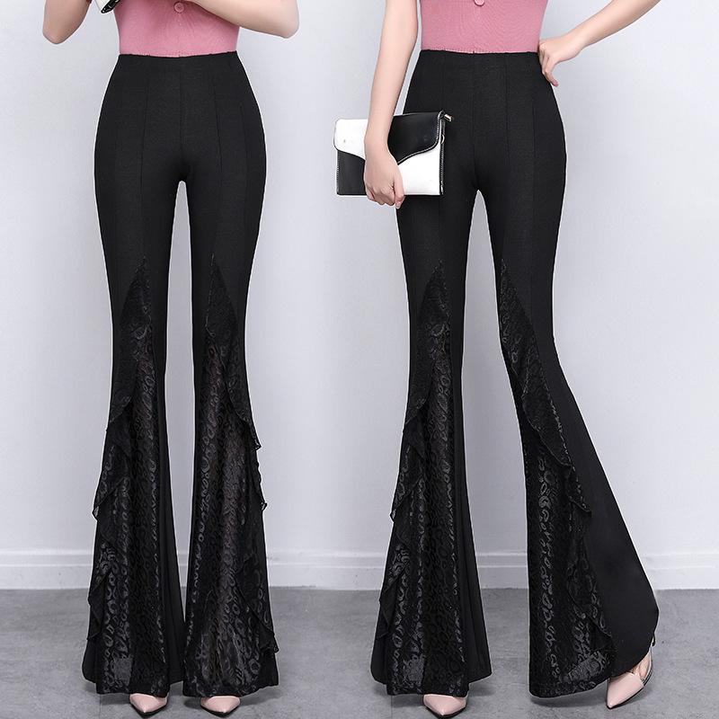 2025 Spring Black Lace High-Waisted Wide Leg Fishtail Pants