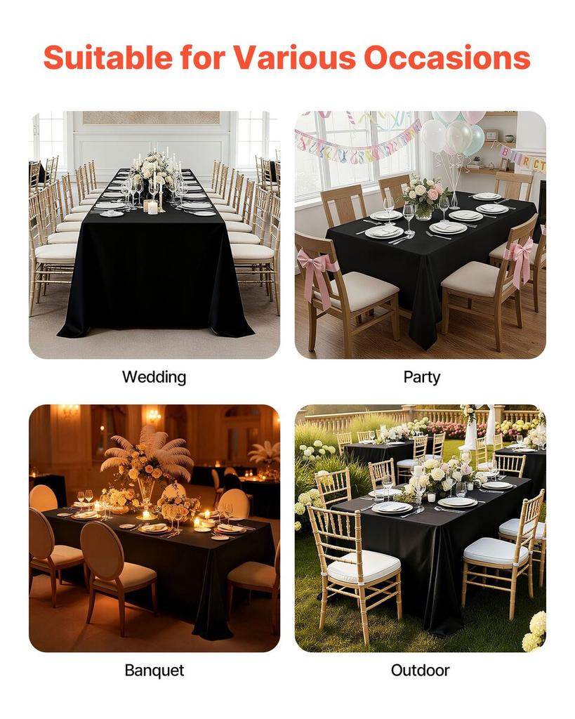 Black Tablecloths for Rectangle Tables, 6 Pack, 70 x 120 Inches, Reusable and Machine Washable Table Clothes, Wrinkle-Resistant Polyester Fabric Table