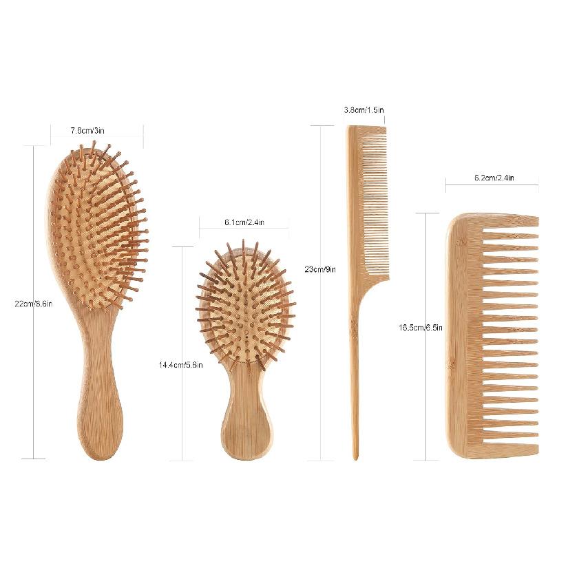 Bamboo Hair Brush and Comb Set - Eco-Friendly Anti-Static Detangling Brush and Combs for Women and Men, Massage Wooden Brushes for Thick, Thin,