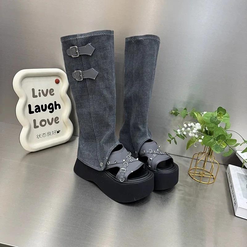 2025 Lato Nowe Damskie Sandały z Zakrytym Obcasem Outdoorowe Klamra Nit Wsuwane Wysokie do Kolan Buty Damskie Nowoczesne Platforma Klapki z Paskami