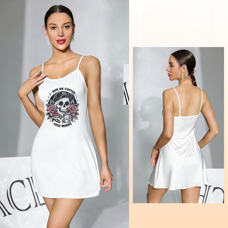 Multi-Pattern Short Cami Nightgown Unique Print Black/White Women's Loungewear 929 Trendy Versatile Sleepwear with Bold Print Choices