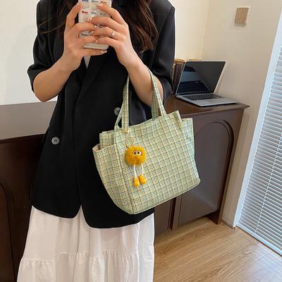 New Large-capacity Plaid Canvas Underarm Bag Shopping Bag Student Shoulder Tote Bag Retro Tote Big Bag