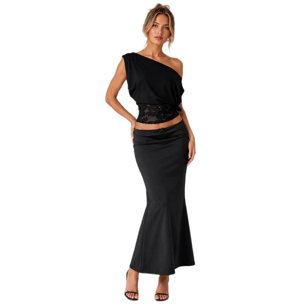 European and American temperament elegant slanted shoulder lace splicing waist short-sleeved top new slim and thin solid color T-shirt