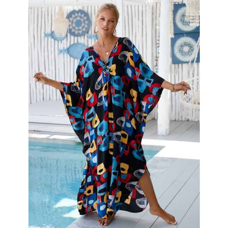 Damen Kleid Bedrucktes Strandkleid Lockeres Übergröße Urlaubs-Bikini-Oberhemd