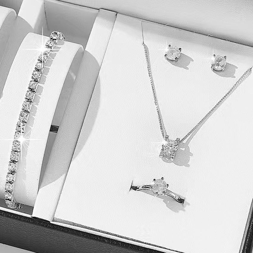 Chic Rhinestone Zircon Jewelry Set: Necklace, Earrings, Ring & Watch for Women