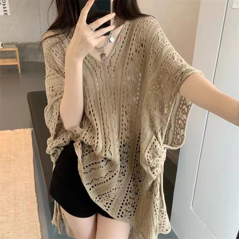 Summer Hollow Out Batwing Sleeve Plus Size Shirts for Women Fashion Solid V-neck Tops Knitted Loose Blouses Women Vintage Simple Lady Shirt New 26591