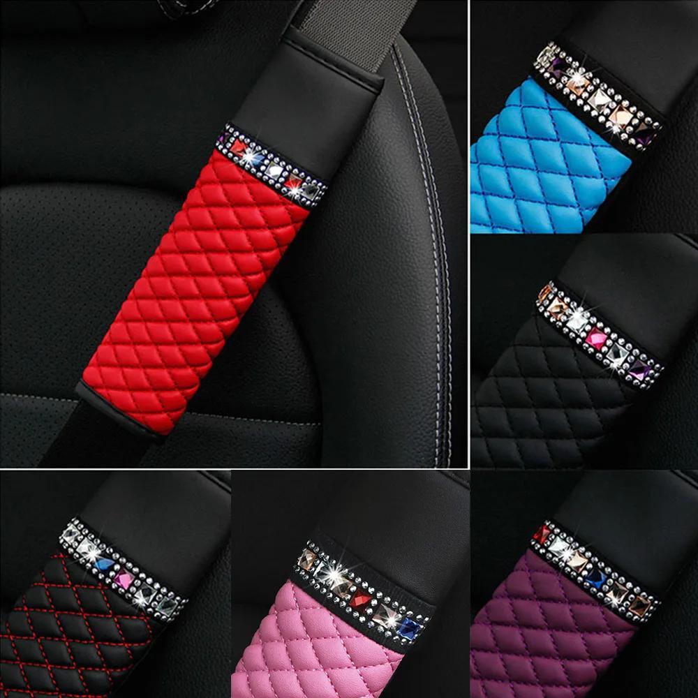 1Pc Universal Car Leather Diamond Rhinestone Seat Belt Cover Breathable Braided Plaid Auto Shoulder Protector Car Accessories