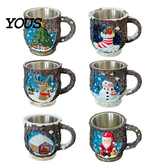 Durable Resin Cup Christmas Themed Coffee Mug, 3D Santa Claus/Snowhouse/Reindeer/Socks/Christmas Tree/Snowman Design, Party Drink Supplies Stainless