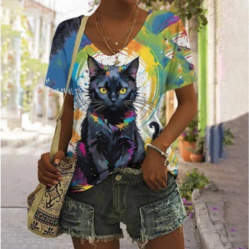 Summer V-neck 3D Animal Flower Printed Top Fashionable Casual Short Sleeved Women's T-shirts