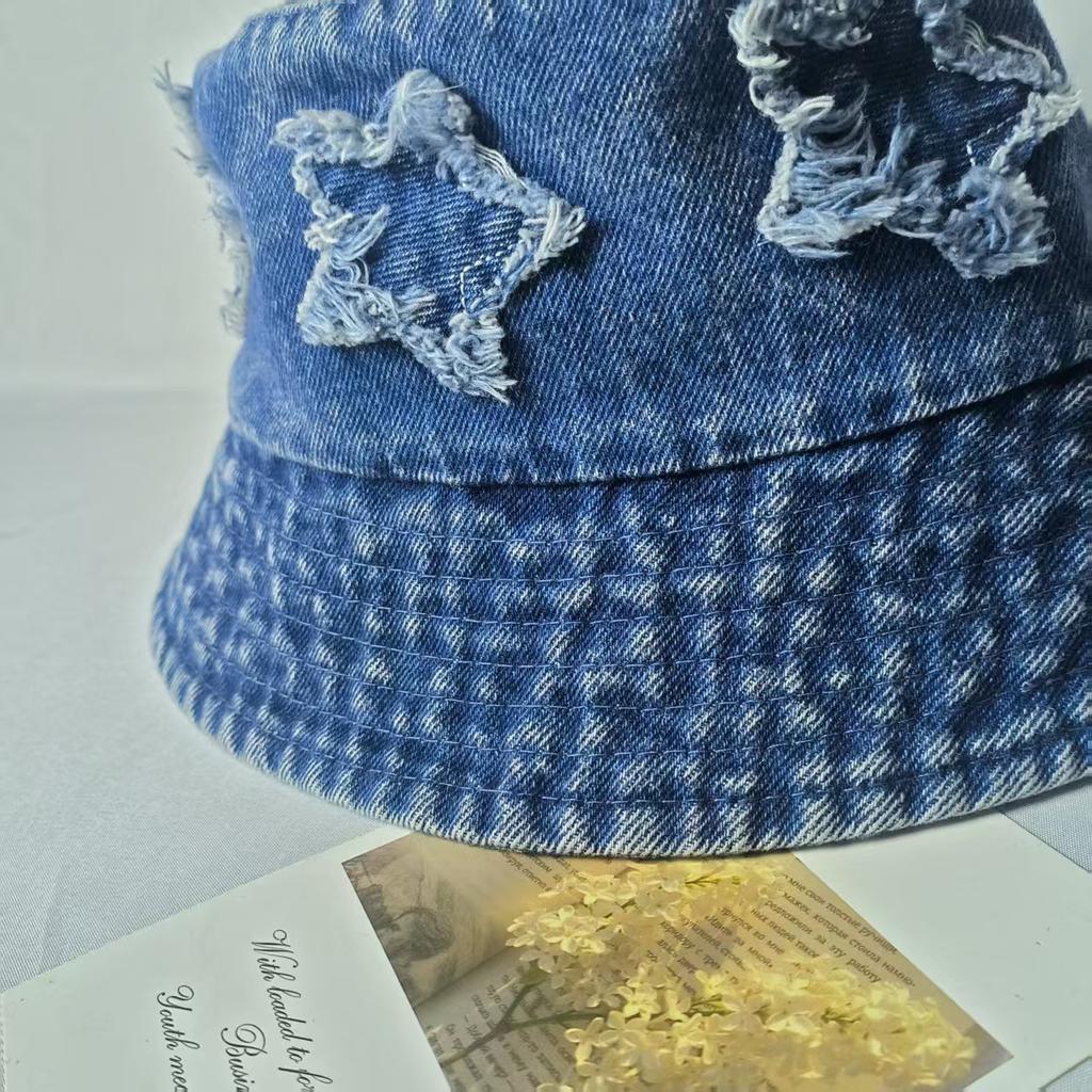 New Five Pointed Star Patch Denim Fisherman Hat For Women, Sweet Retro Street Versatile Bucket Hat