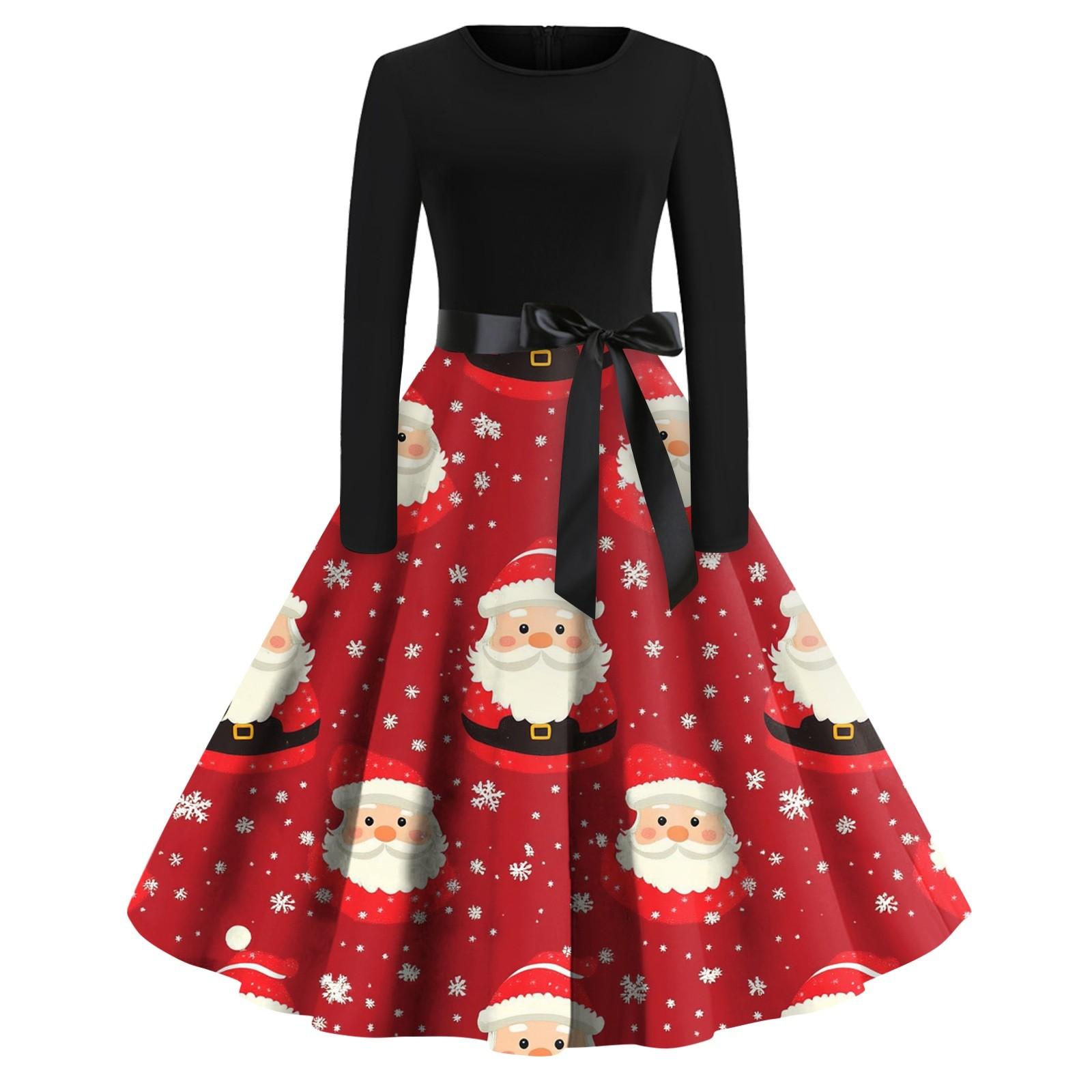 

Женская мода с круглым вырезом, повседневные тонкие рождественские платья с длинным рукавом и принтом XXXL красный