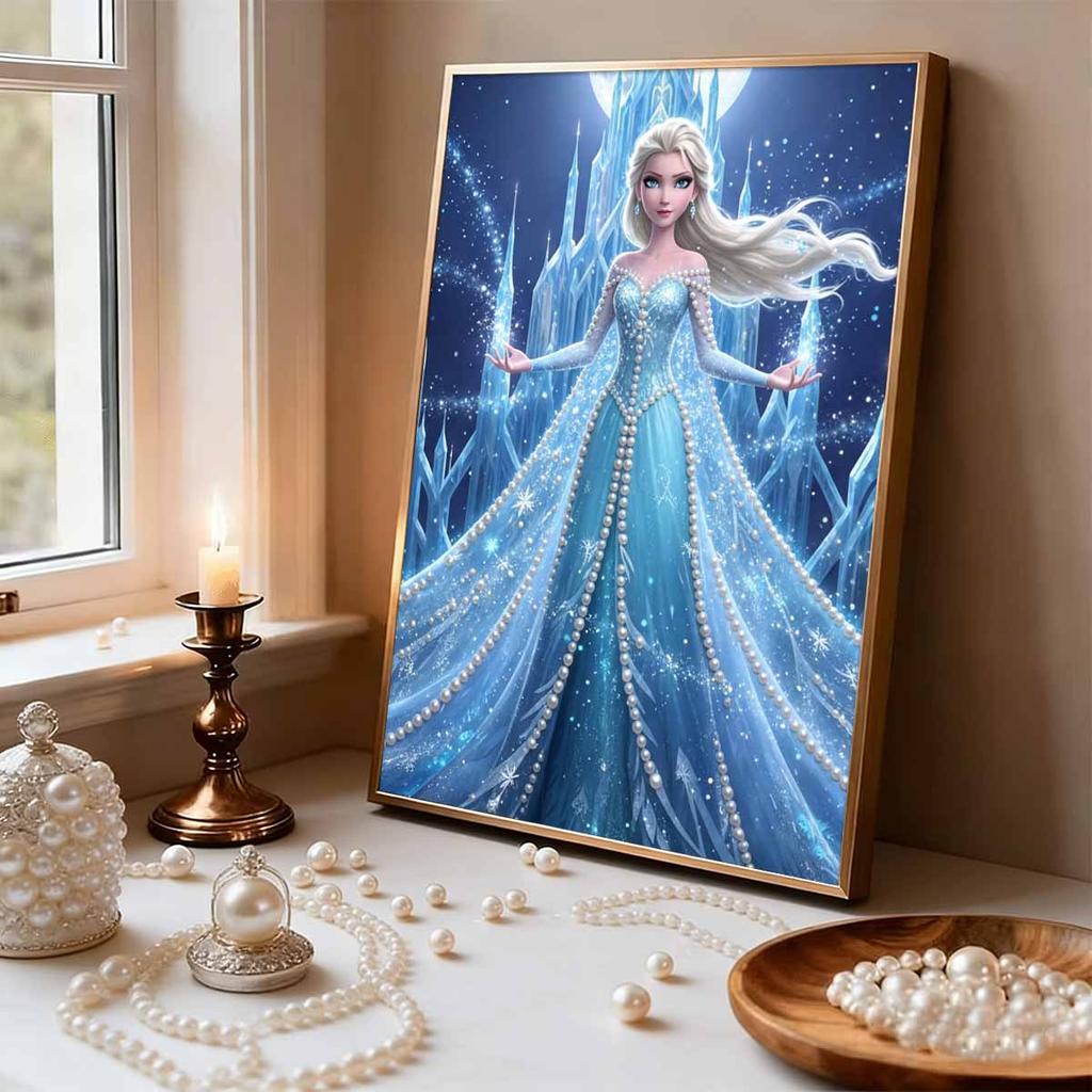 Castello di Ghiaccio Illuminato dalla Luna Elsa Nuova Arte Senza Cornice Intarsiata di Perle | Artigianato di Perle Fatto a Mano, Tema Castello di Ghiaccio Stellato, per Elegante Decorazione di Lusso Frozen