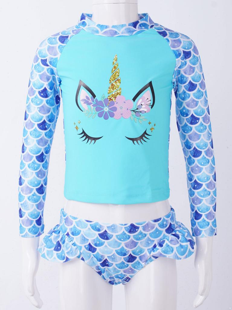 2-teiliges Kinder-Badeanzug-Set für Mädchen mit Fischschuppen-Aufdruck, Strand-Outfits, Tops und Slips mit Cartoon-Pferd-Aufdruck, Strandbadebekleidung, Badeanzüge