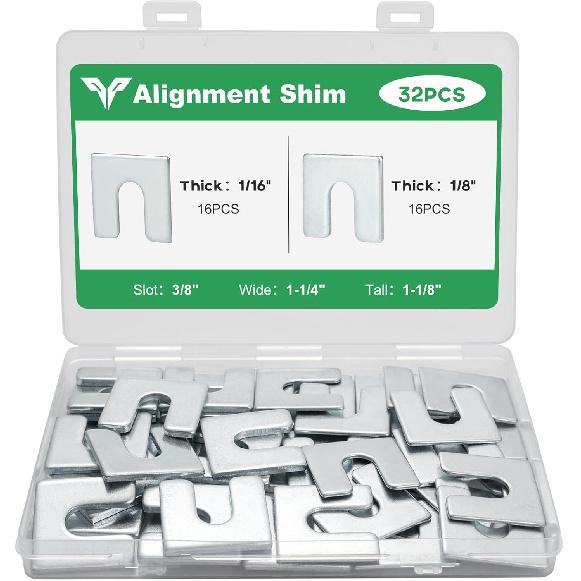 32 PCS Alignment shims, Auto body fender alignment shim, Slotted shims 1/16  & 1/8  Thick(16 Each) 3/8  Slot, Car shim for Camber, Caster & Toe 1/16  & 1/8  Thick