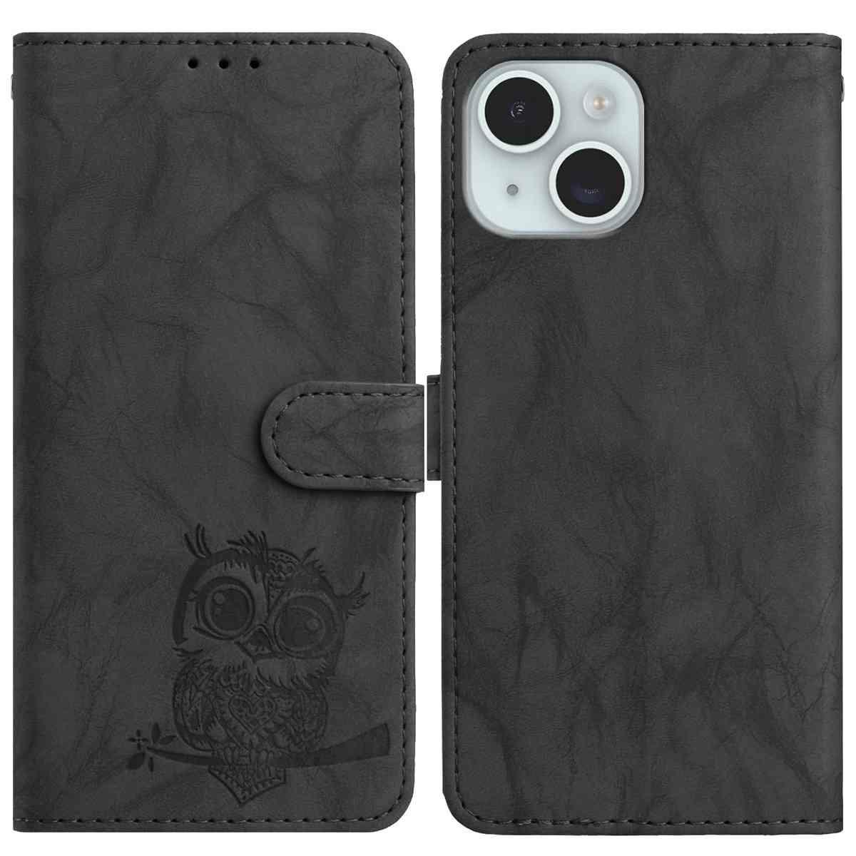 

For iPhone 15 Case Owl Imprinted PU Leather Wallet Phone Cover with Wrist Strap Black