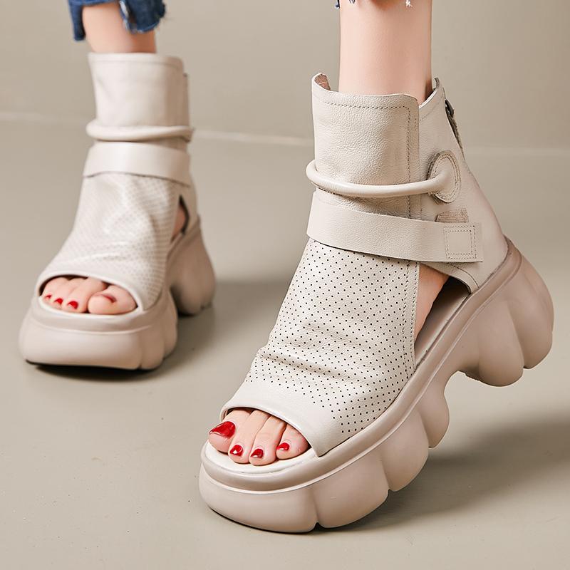 Fashion GKTINOO  Ladies Sandals 2025 New Spring Retro Women Shoes Genuine Leather Zip Flat With Sewing Handmade Platform Sandals