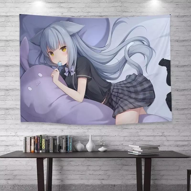 Bohemian Cartoon Anime Girl Tapestry Cat Ear Design Wall Background Cloth for Dormitory Bedroom Home Decor Gift