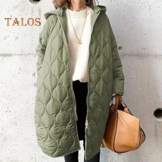 Fall Winter Women Jacket Hooded Zip-up Rhombus Texture Thin Padded Long Sleeves Mid Length Loose Work School Daily Coat