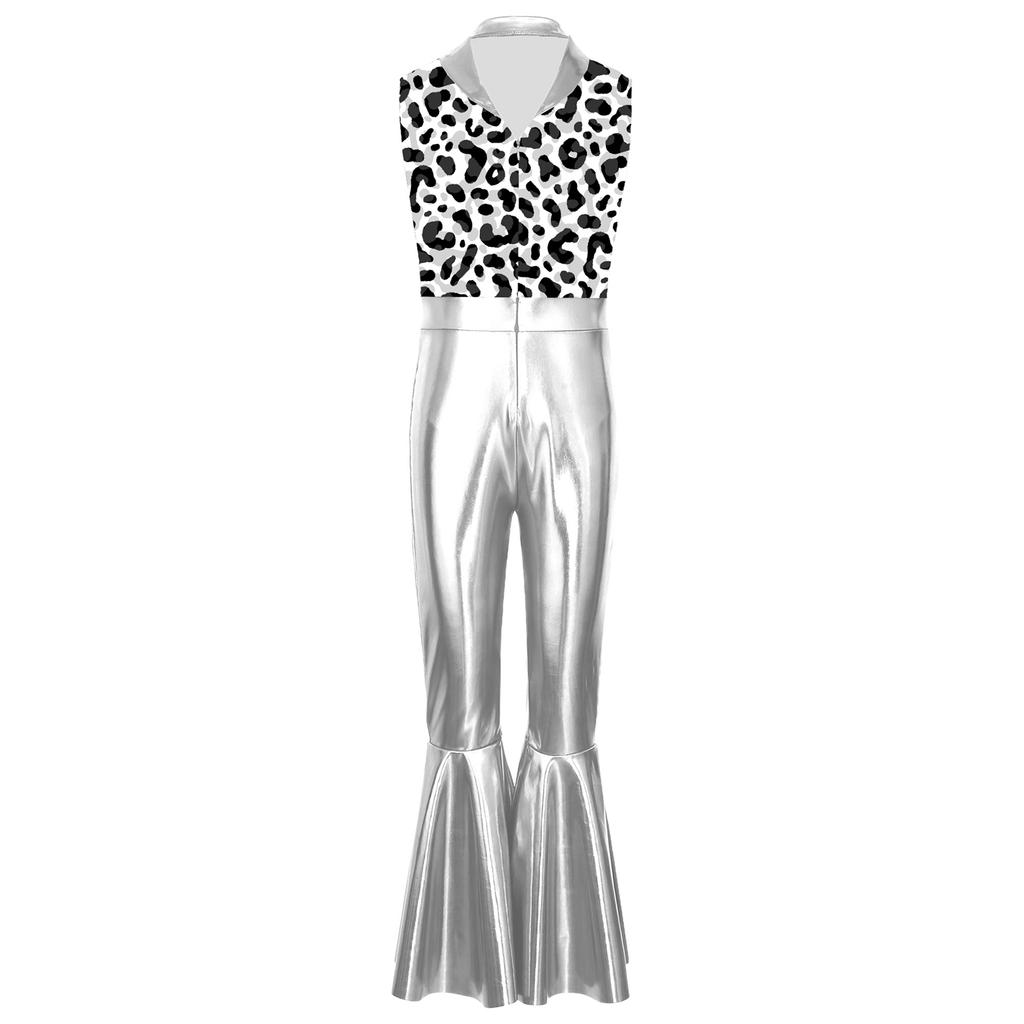 Boys Disco Outfit Jumpsuit Metallic Glossy Sleeveless Print Patchwork Long Flare Pants Halloween Costume
