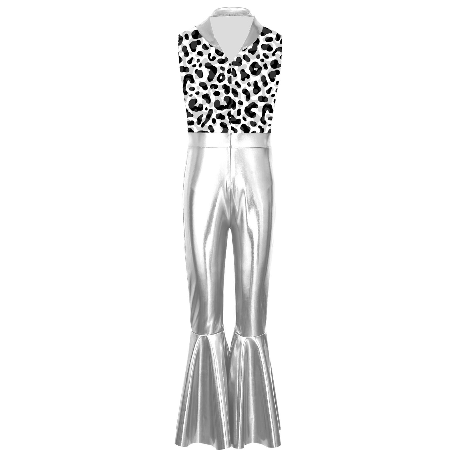 

Boys Disco Outfit Jumpsuit Metallic Glossy Sleeveless Print Patchwork Long Flare Pants Halloween Costume 7-8 Years срібний