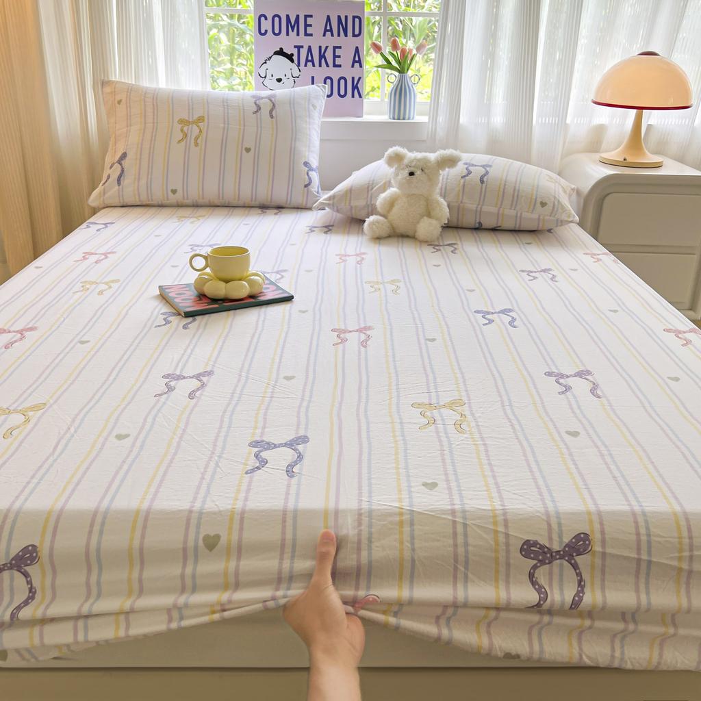 Striped Bow Bed Sheets Set Fitted Sheet Non Slip Bedspread With Elastic Band Mattress Cover (With Pillowcases) Double Bed Sheet