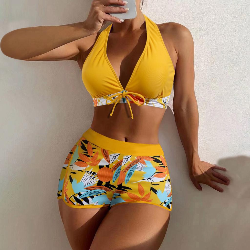 Women's Paneled Printed Swimsuit Ladies Split Boxer High Waist Swimsuit Two-Piece Set