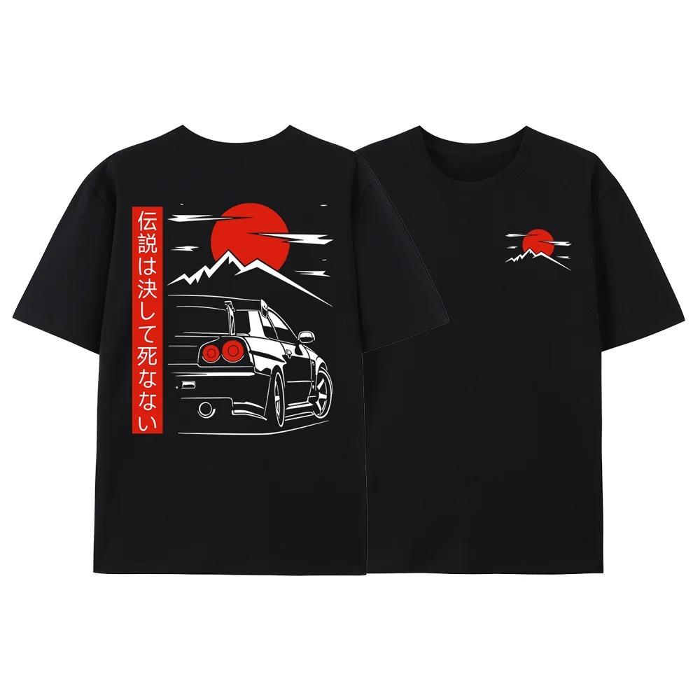 2025 New Japanese Style Car Printed Round Neck T-shirt for Men's Street Large Casual Cotton Outdoor Hip Hop Short Sleeve