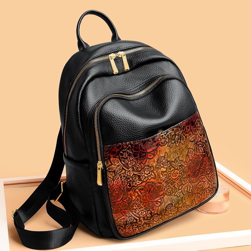 Vintage Embossing Women Large Capacity Backpack Leather Vintage Bag for Women School Bag Travel Rucksack Ladies Bookbag Knapsack