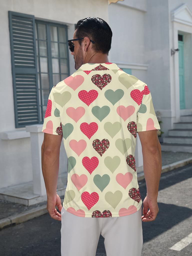 Men'S Short-Sleeve Polo with a Print Design - a Smooth Digital Print of a Heart Pattern on a Pink Beige Background. This Stylish And Minimalist