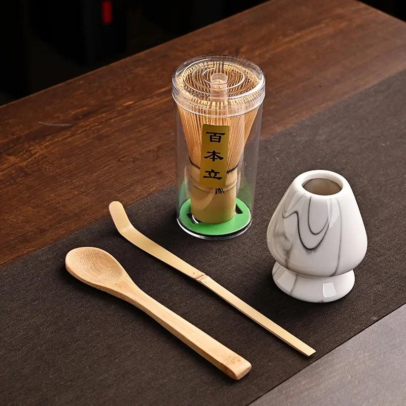 4 IN 1 Bamboo Matcha Powder Whisk Teaspoon Ceramic Bowl Tranditional Tea Matcha Whisk (Chasen)Sets Home Tea-making Accessories