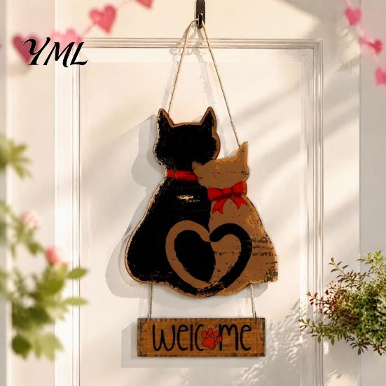 Welcome Sign for Front Door Wooden Hanging Door, Romantic Cat Couple Holiday Porch Pendant, Rustic Farmhouse Wall Decor Outdoor Entryway Decoration