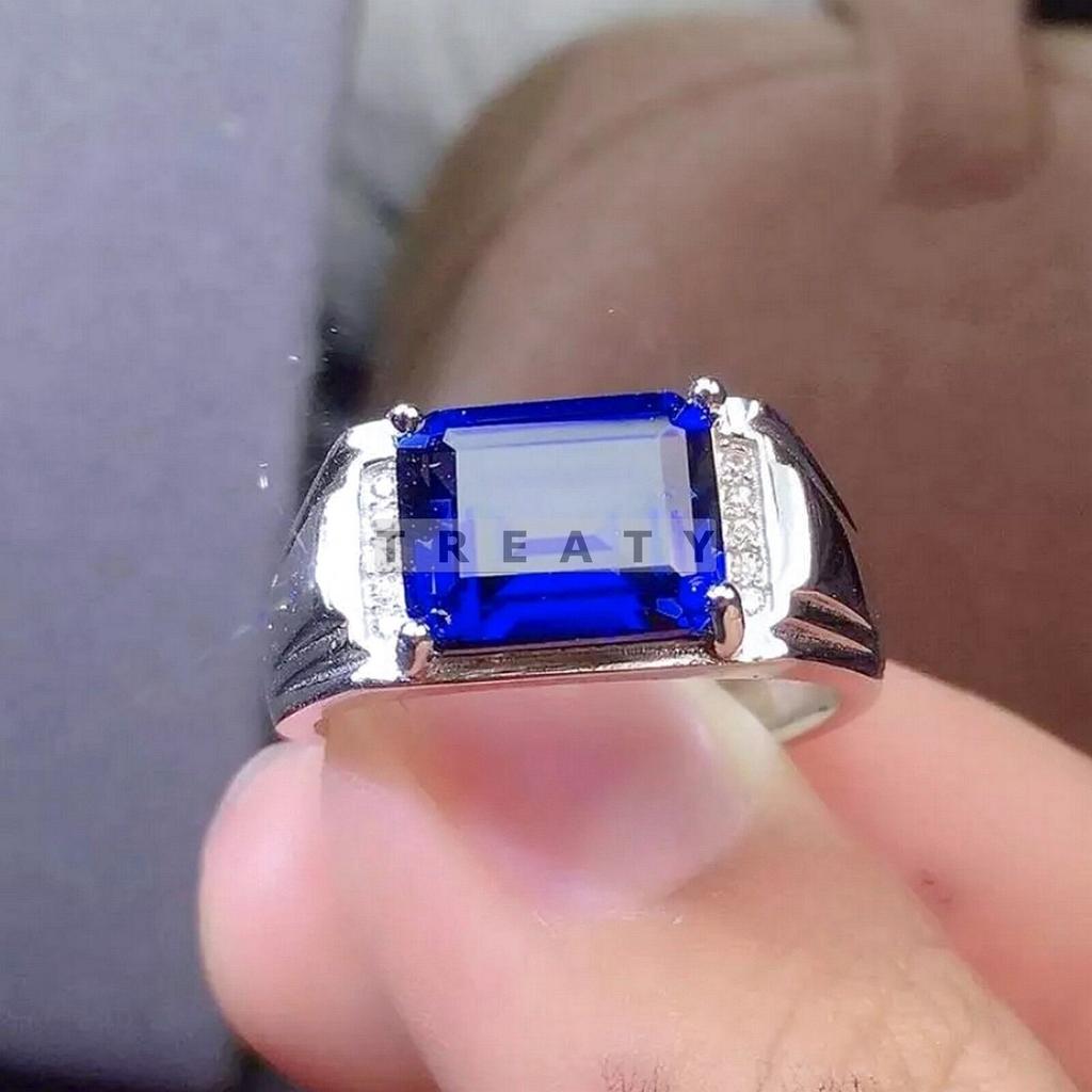 Blue Sapphire Emerald Cut Gemstone With 925 Sterling Silver Ring For Men's #20 JL375718167288