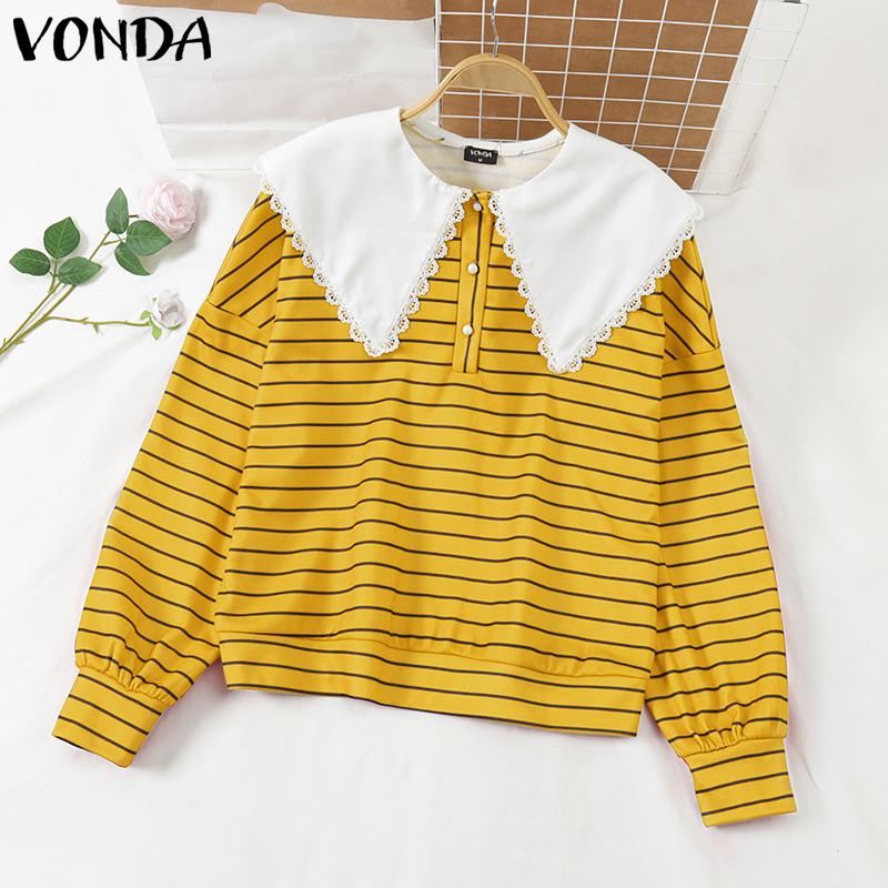 VONDA Women Doll Collar Long Sleeve Striped Casual Loose Pullovers Blouse