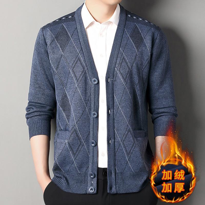Men's Fashion Casual V Neck Sweater Coat Versatile Fleece Lined Loose Knit Plaid Cardigan Top Autumn Winter New Style
