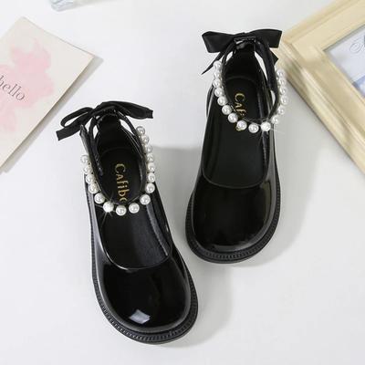 Zapatos Negros para Niña Lazo Trasero Correa al Tobillo Dulces Zapatos de Cuero para Niños Punta Redonda Abalorios Brillantes Moda Niño Otoño Zapatos Escolares