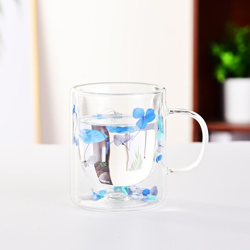 Export Double Cup Real Flower Dried Flower High Borosilicate Glass High Value Milk Cup Juice Cup Coffee Cup