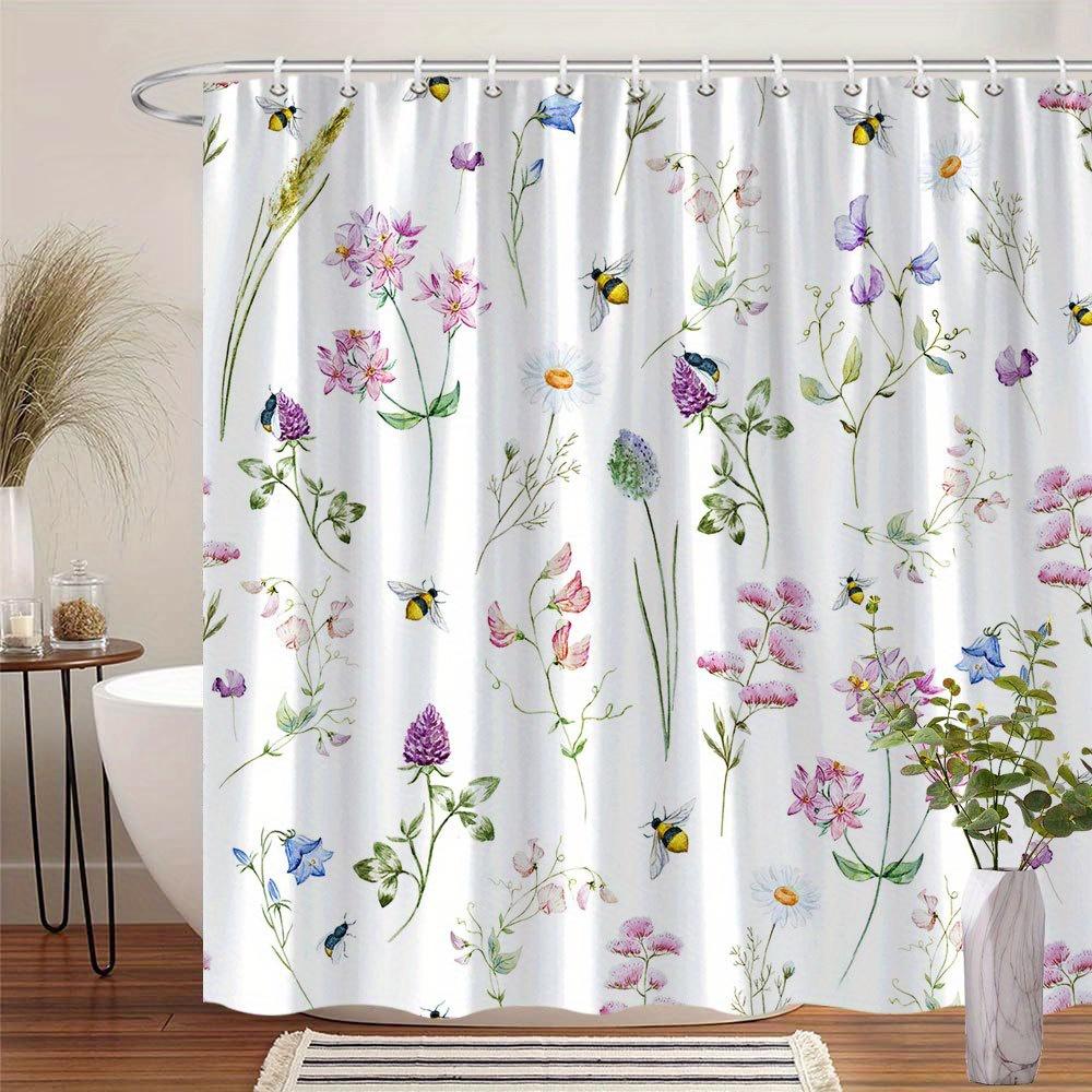 1 watercolor floral shower curtain with lavender, pink and purple flowers, bees and butterflies, with hooks, machine washable 90X180cm