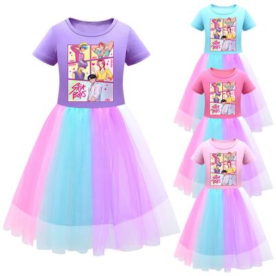 Kids Girls K-POP Rumi Zoey Mira Print Mesh Rainbow Round Neck Short Sleeves Casual Cotton Dress