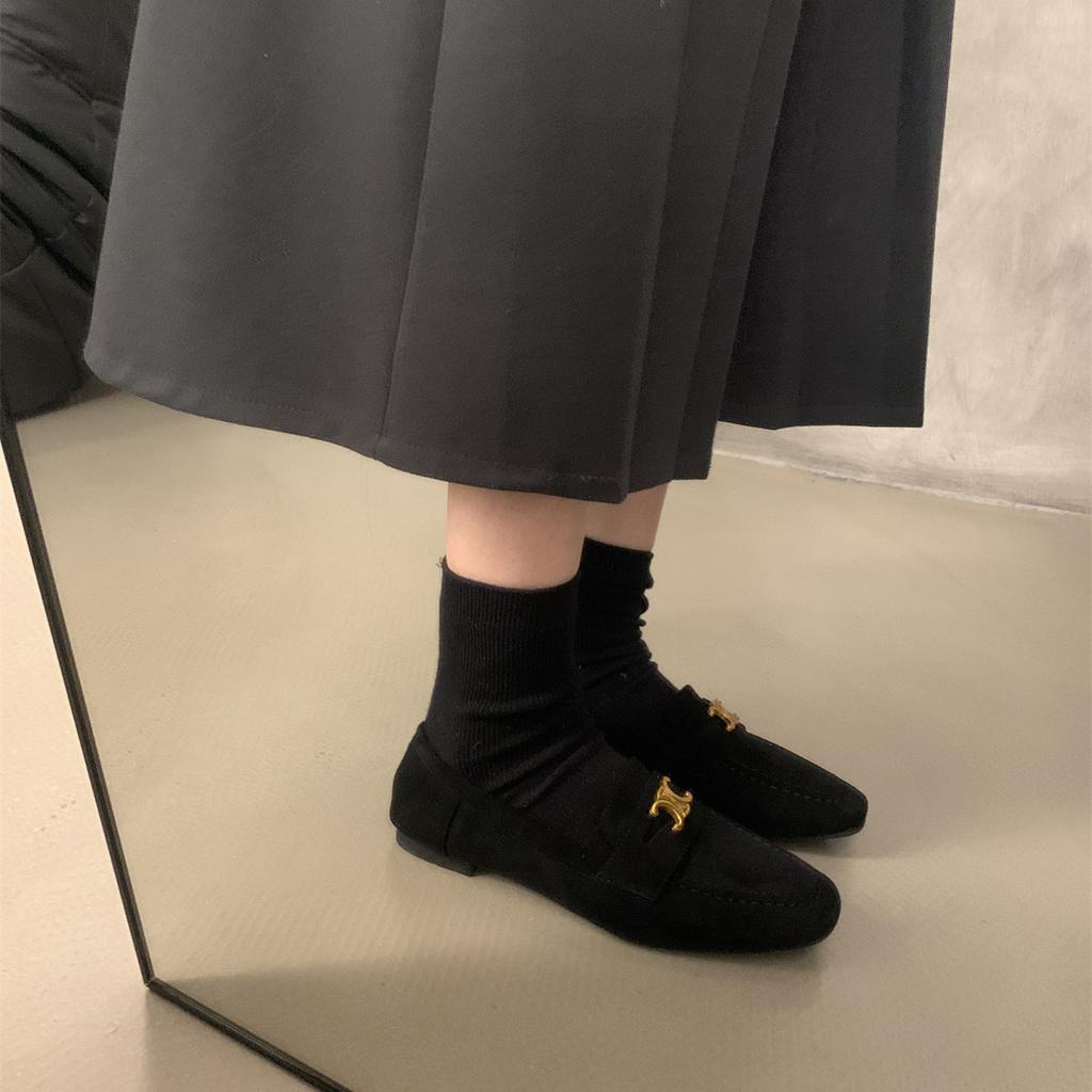British style round head simple retro suede small leather shoes flat bottom one pedal outside wear versatile commuter shoes