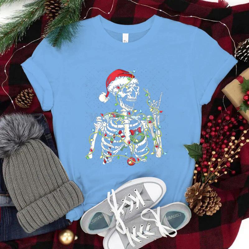 Christmas Santa Skull T Shirt Streetwear Unisexs Clothing Trendy Short Sleeve ONeck Tee Top Christmas Lights Skeleton Street Tees