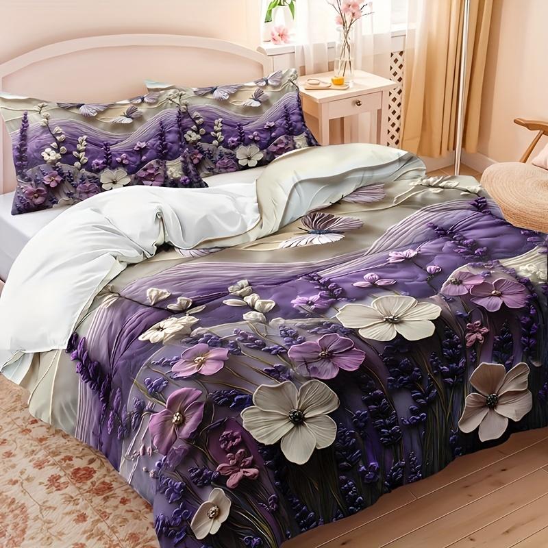 3pcs Purple 3D Floral and Butterfly Lavender Plant Duvet Cover Set - Includes 1 Duvet Cover and 2 Pillowcases